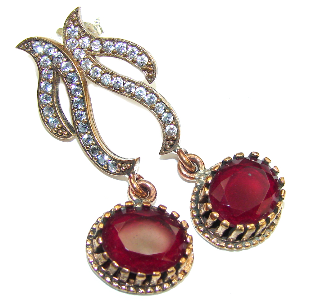 Victorian Style! Red Ruby & White Topaz Sterling Silver earrings