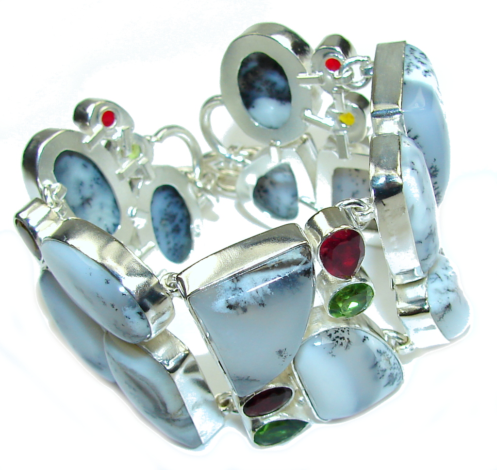 Natural Beauty White Dendritic Agate & Garnet & Peridot & Citrine Sterling Silver Bracelet