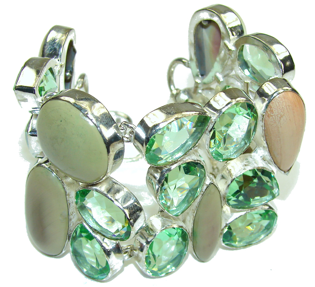 Large! Garden Love! Created Green Apatite, Imperial Jasper Sterling Silver Bracelet