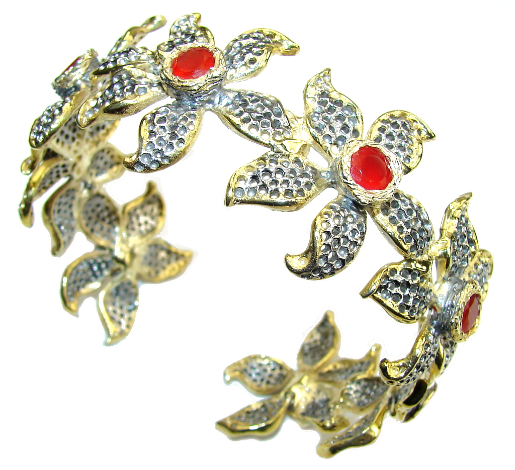 Secret Beauty! Created Ornage Sapphire Gold Plated, Rhodium Plated Sterling Silver Bracelet / Cuff