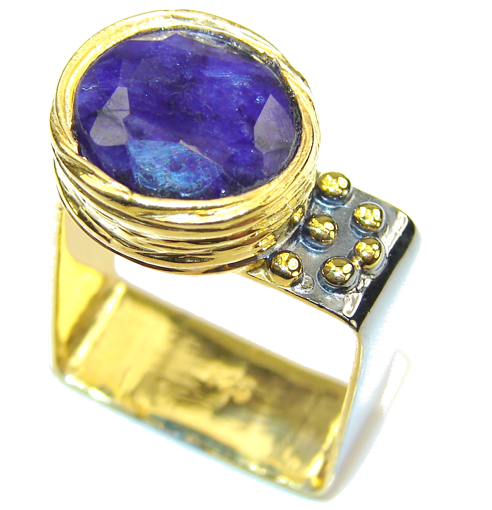 Natural AAA Blue Sapphire, Gold Plated, Rhodium Plated Sterling Silver Ring s. 5 1/4