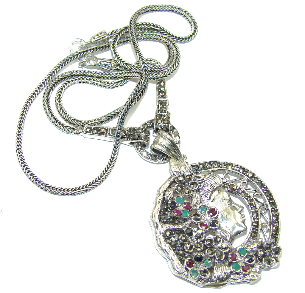 Bali Art! Marcasite & Ruby & Sapphire & Emerald Sterling Silver necklace