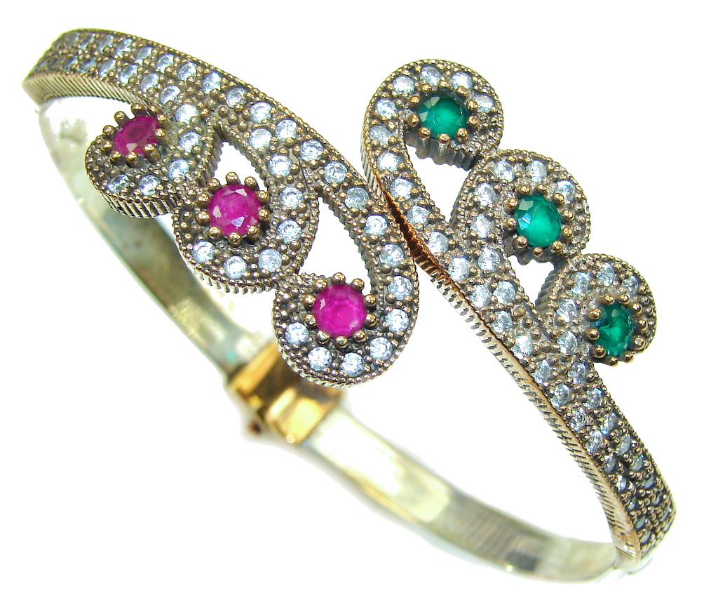 Victorian Style! Pink Ruby & Emerald & White Topaz Sterling Silver Bracelet