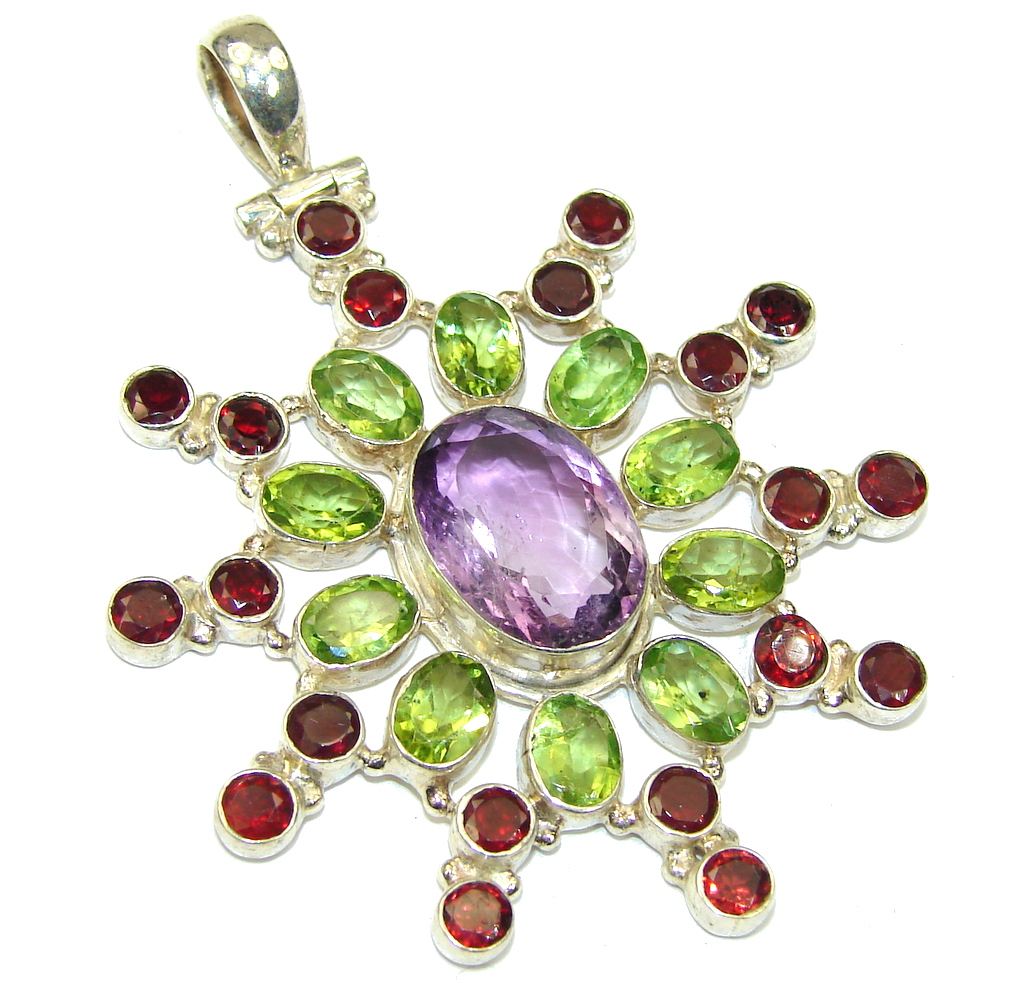 Amazing! Purple Amethyst & Garnet & Peridot Sterling Silver Pendant