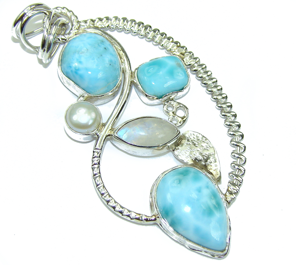 Exotic Design! AAA Blue Larimar & Moonstone Sterling Silver Pendant