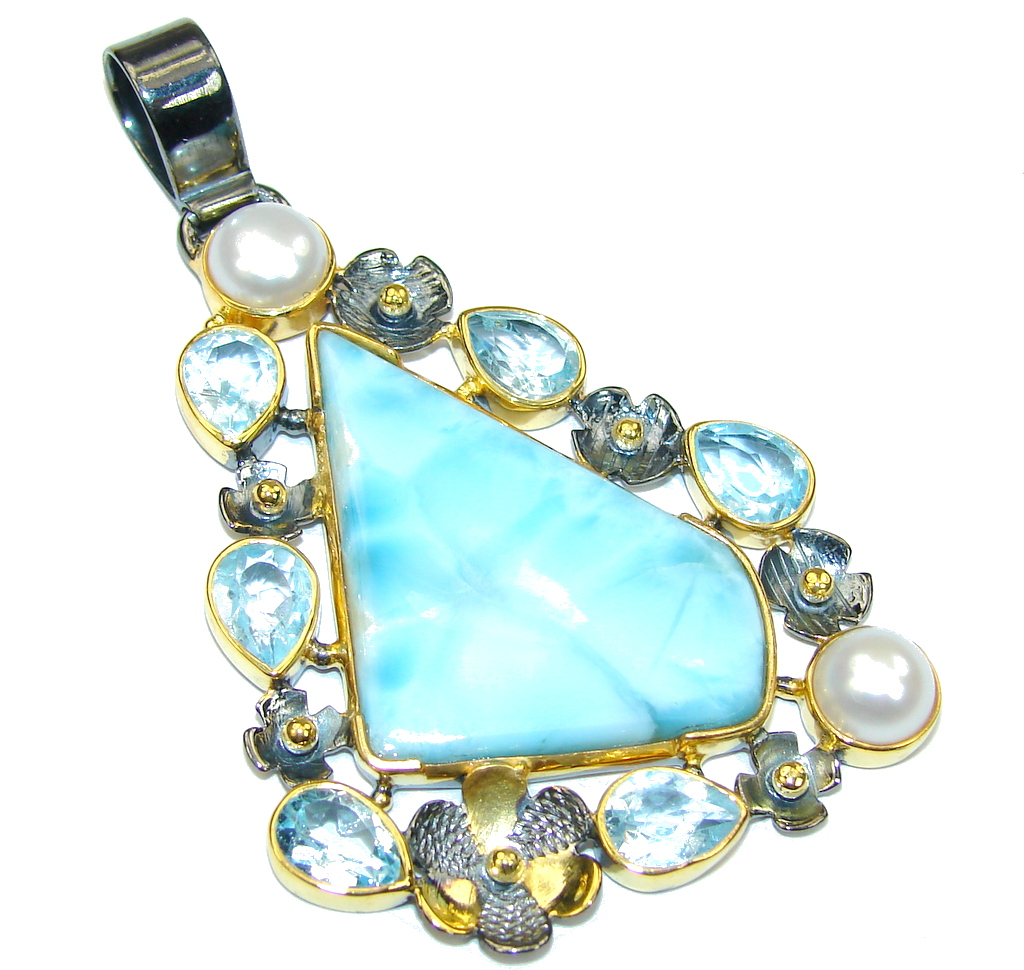 Stunning AAA Blue Larimar &Swiss Blue Topaz & Fresh Water Pearl, Gold Plated, Rhodium Plated Sterling Silver Pendant