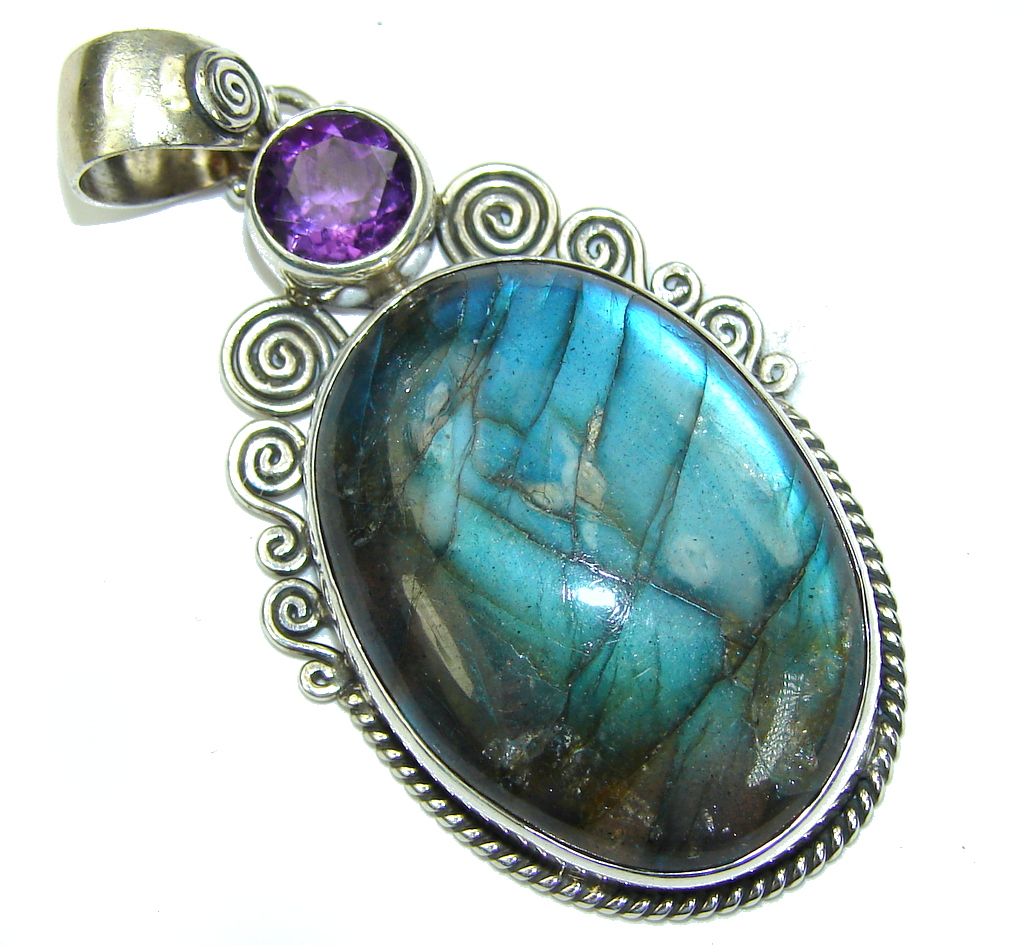 Delicate! Blue Labradorite & Amethyst Sterling Silver Pendant