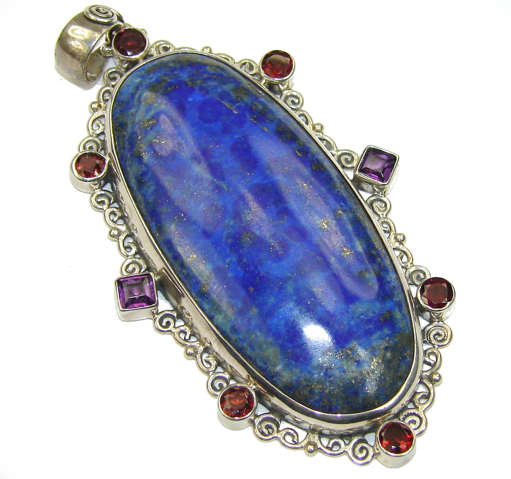Awesome Blue Lapis Lazuli & Amethyst & Garnet Sterling Silver Pendant