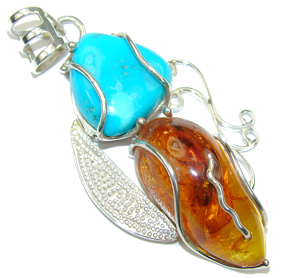 Natural Beauty! Blue Turquoise & Amber Sterling Silver Pendant