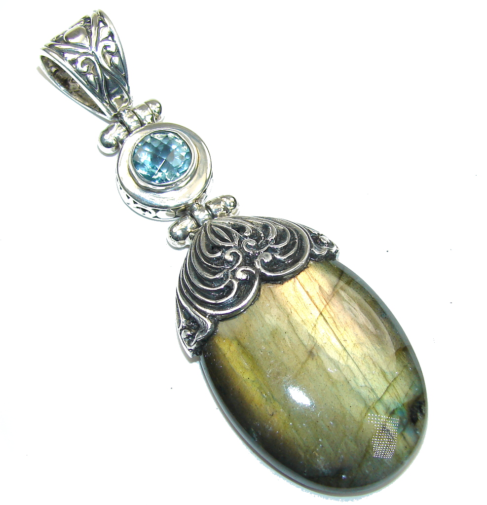 Big! Bali Secret! AAA Blue Labradorite & Swiss Blue Topaz Sterling Silver Pendant