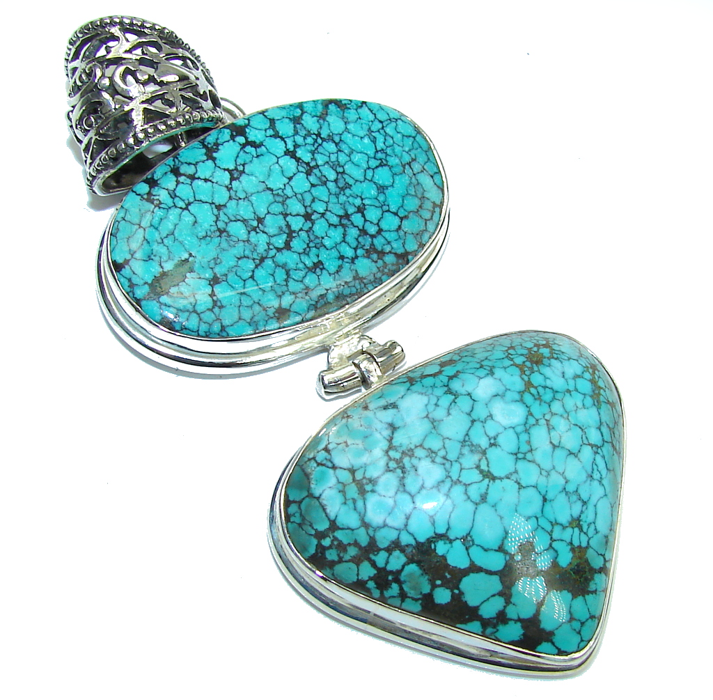 Large! AAA Black Spider Web Blue Turquoise Sterling Silver Pendant
