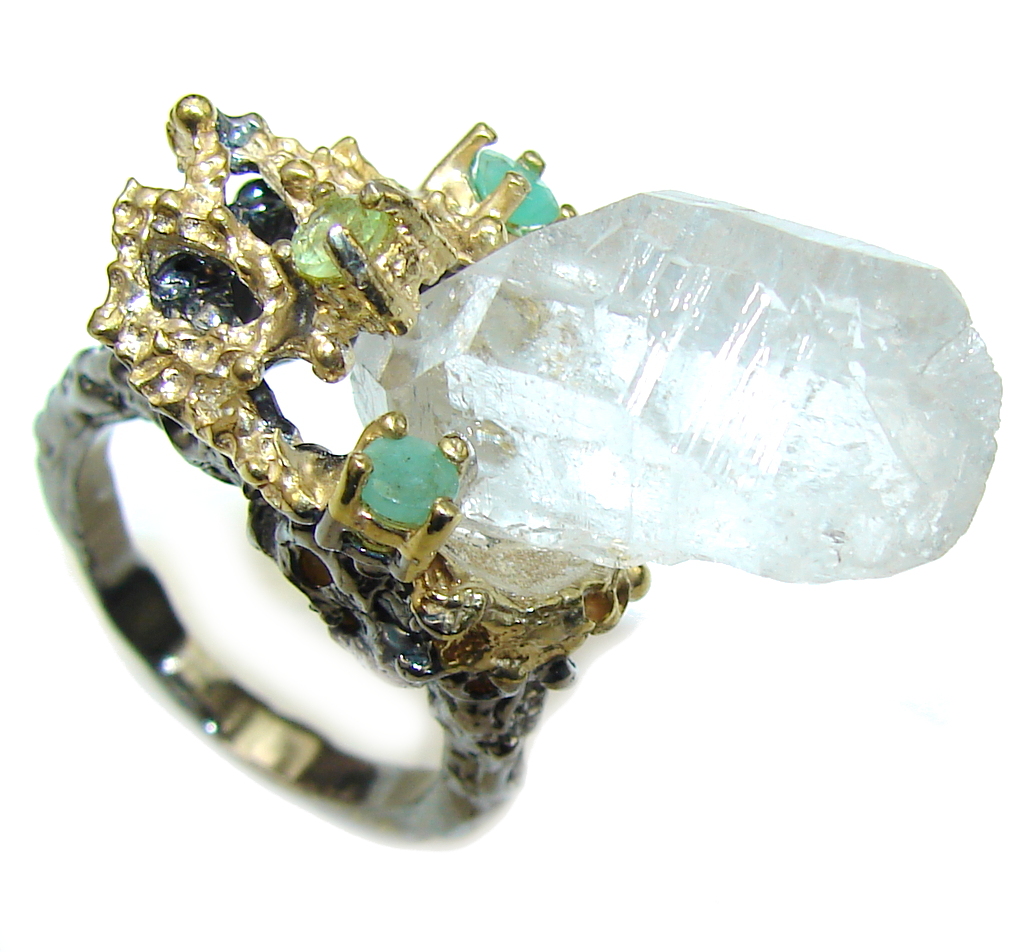 Shocking Baeuty! Mountain Crystal White Topaz & Emerald, Gold Plated, Rhodium Plated Sterling Silver ring s. 8