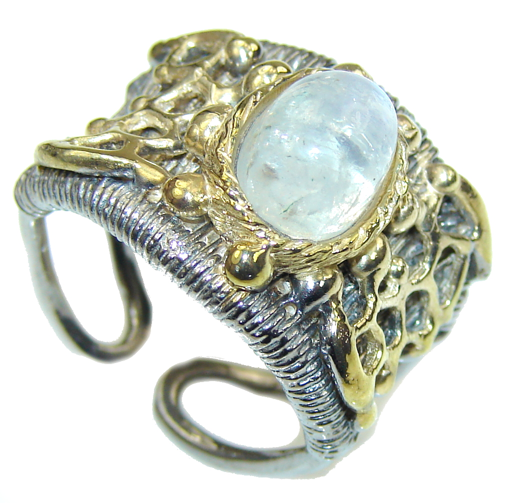 Weaving Light! White Moonstone, Two Tones Sterling Silver ring s. 8 - adjustable
