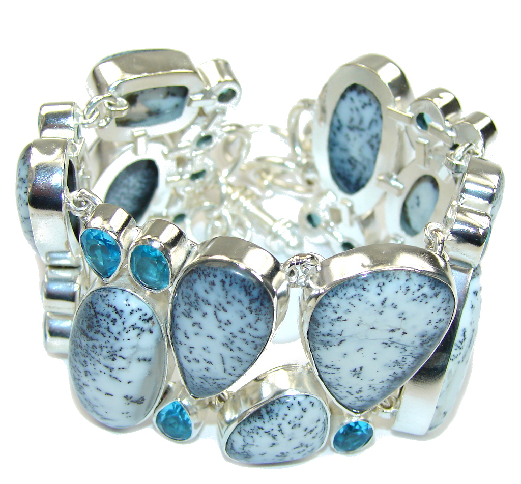 Snow Falling! White Dendritic Agate & Blue Topaz Sterling Silver Bracelet