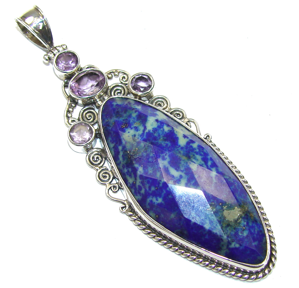 Big! Perfect Blue Lapis Lazuli & Amethyst Sterling Silver Pendant