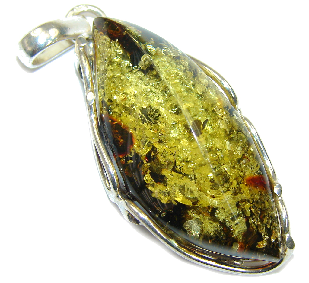 Amazing Green Baltic Polish Amber Sterling Silver Pendant
