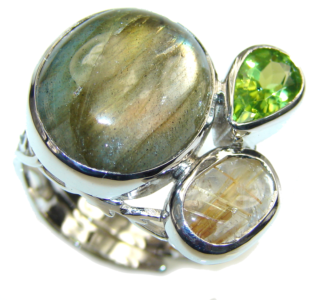Just Glow! AAA Labradorite & Peridot & Gold Rutilated Quartz Sterling Silver Ring s. 7 - adjustable