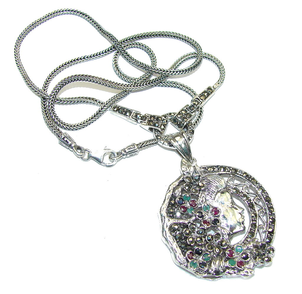 Mother Nature Marcasite & Ruby & Sapphire & Emerald Sterling Silver necklace