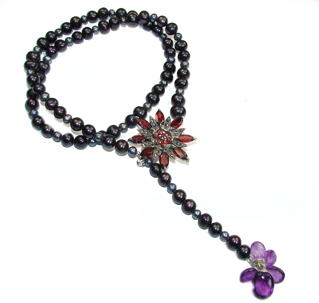 Beautiful! Fresh Water Pearl & Amethyst & Garnet Sterling Silver Necklace