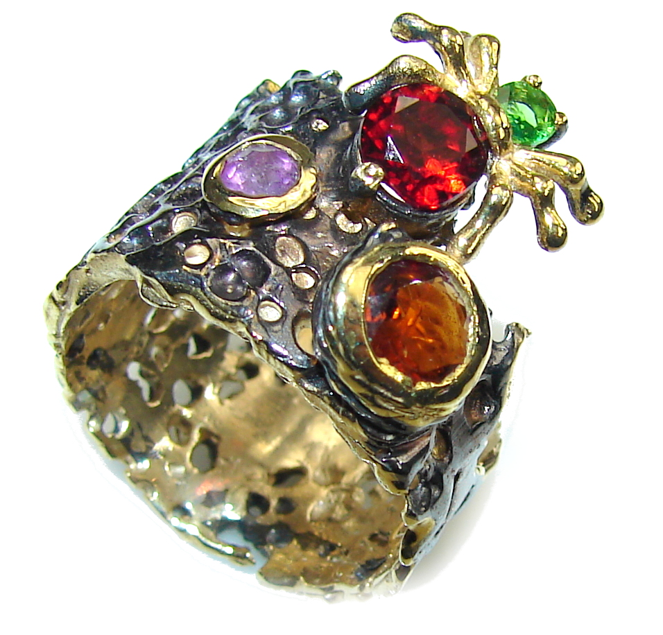 Amazing! Amethyst & Garnet & Peridot, Gold Plated, Rhodium Plated Sterling Silver ring s. 7