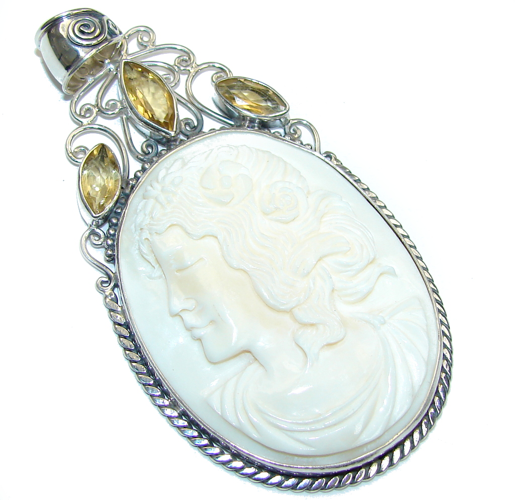 Big! Bali Style! White Cameo & Citrine Sterling Silver Pendant