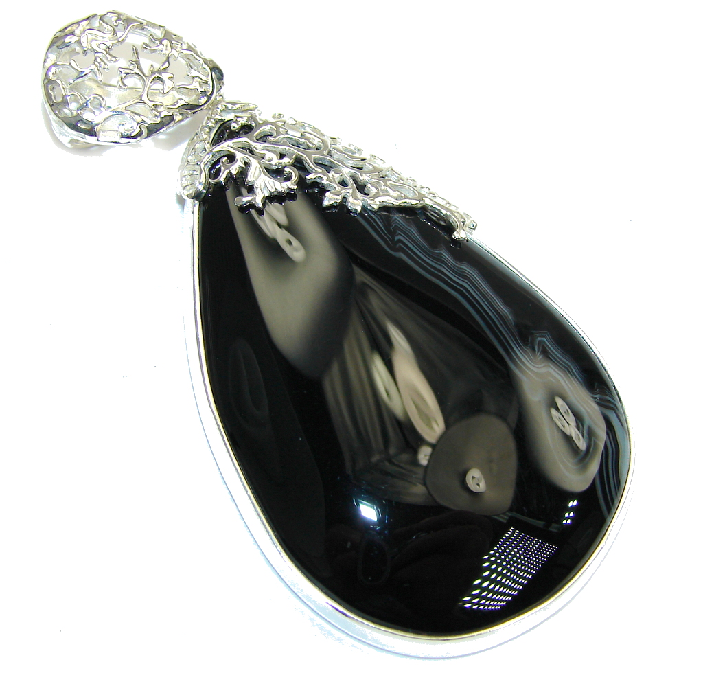 Big! Just Glow! Black Botswana Agate Sterling Silver Pendant