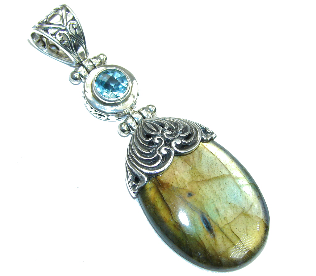 Big! Bali Secret! AAA Blue Labradorite & Swiss Blue Topaz Sterling Silver Pendant