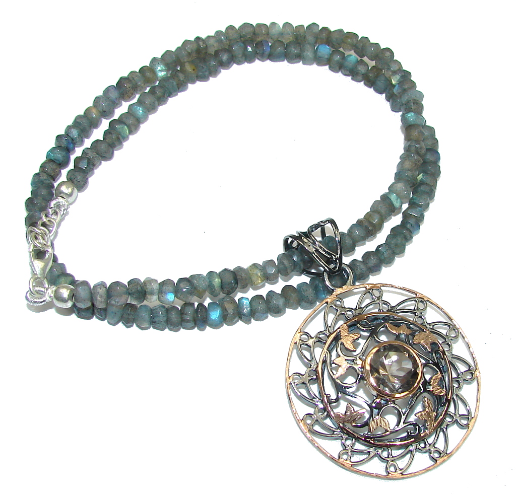Natural Beauty! AAA Smoky Topaz & Labradorite, Rose Gold Plated, Rhodium Plated Sterling Silver necklace