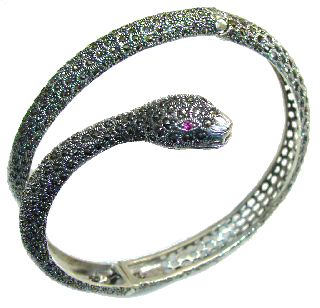 Big! Stylish Cobra Marcasite & Ruby Sterling Silver Armlet Bangle Bracelet