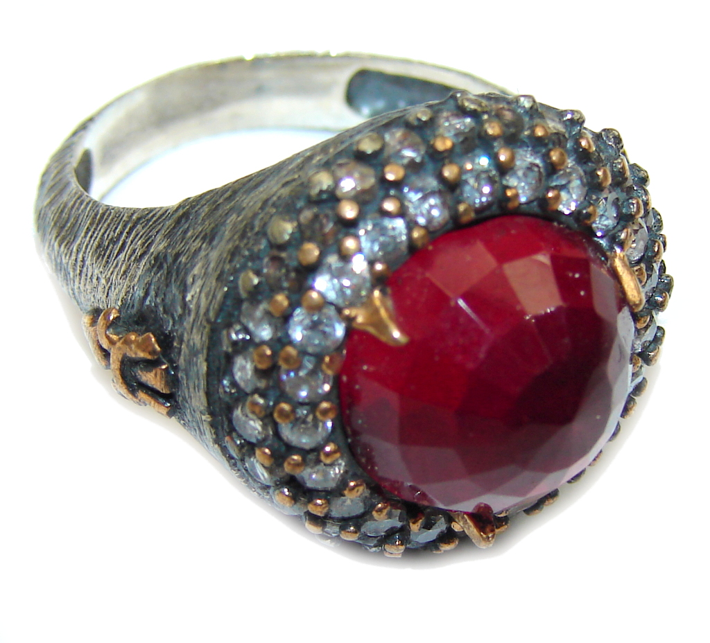 Victorian Style! Red Garnet Quartz & White Topaz Sterling Silver Ring s. 7 1/4