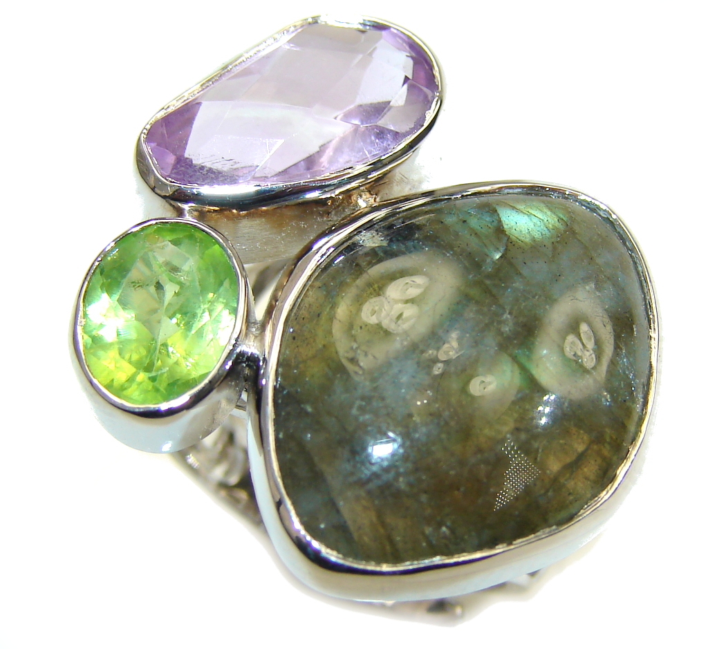 Pale Beauty! Labradorite & Amethyst & Peridot Sterling Silver Ring s. 7 - adjustable