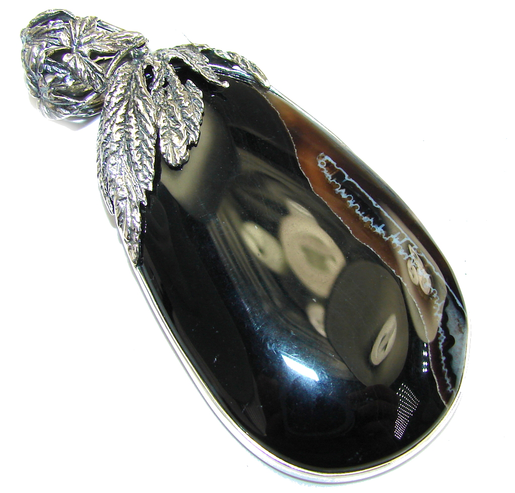 Big! Pale Beauty! Black Botswana Agate Sterling Silver Pendant