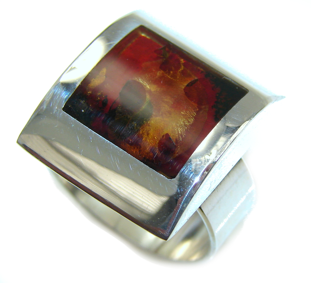 Natural Brown Polish Amber Sterling Silver Ring s. 8 - Adjstable