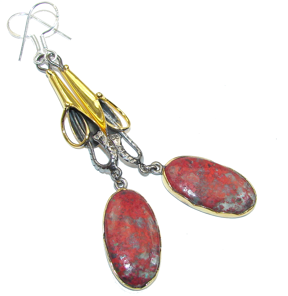 Beautiful Design! Red Sonora Jasper, Gold Plated, Rhodium Plated Sterling Silver Earrings / Long