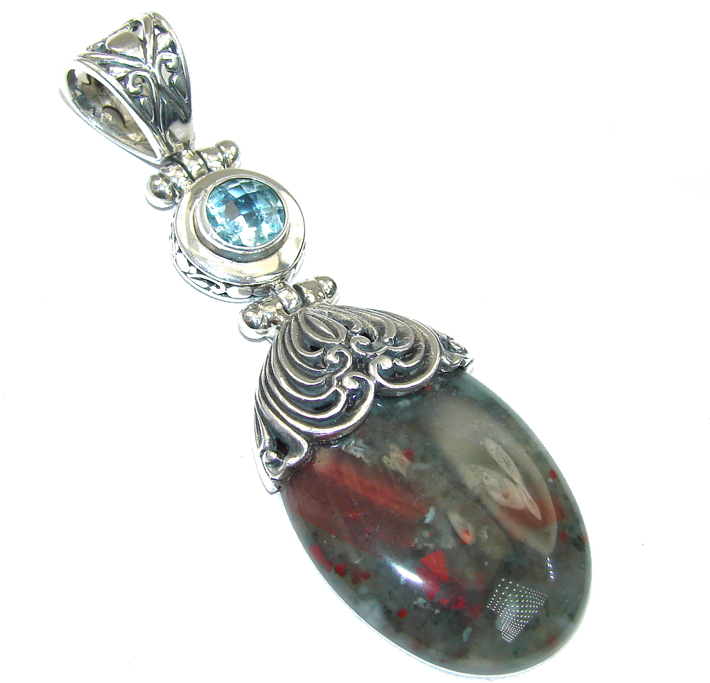 Bali Collection Moss Agate & Blue Topaz Sterling Silver Pendant