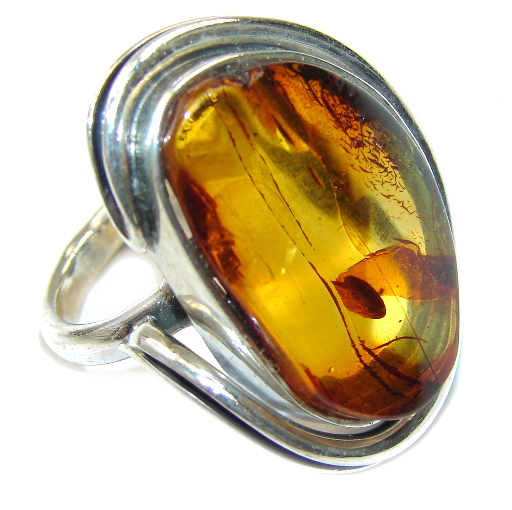 Natural Brown Polish Amber Sterling Silver Ring s. 6 1/2