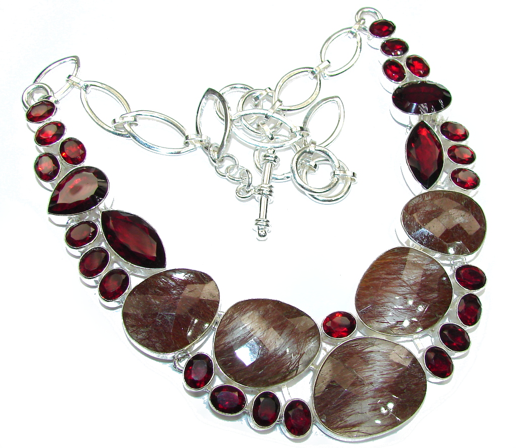 Secret Beauty! Brown Tourmalinated Quartz & Garnet Sterling Silver necklace