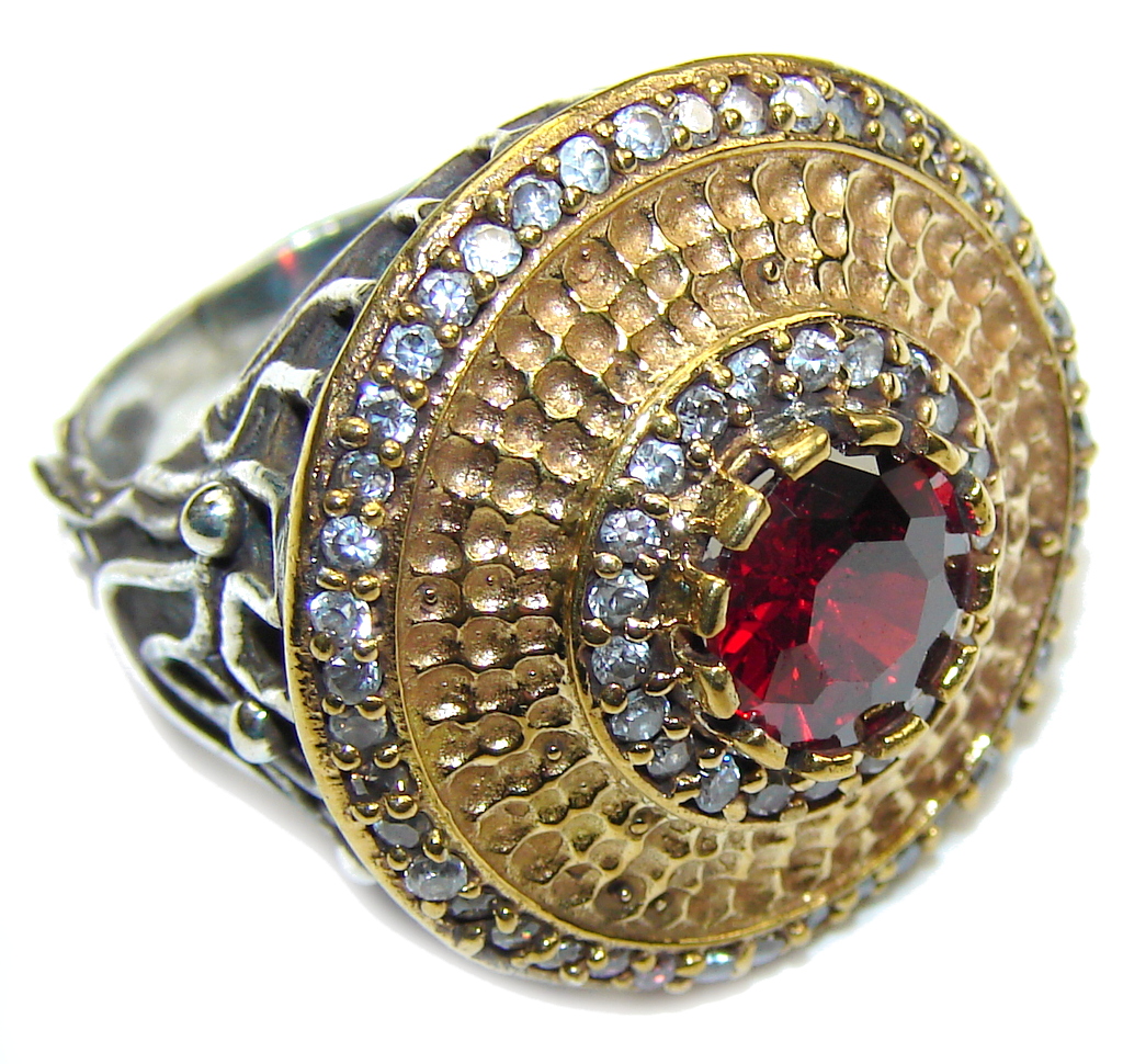 Victorian Style! Red Garnet Quartz & White Topaz Sterling Silver Ring s. 7 1/4