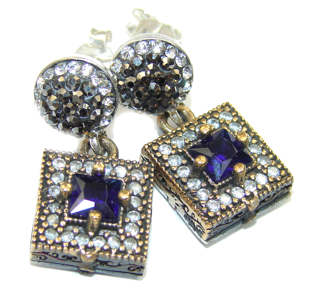 Victorian Style! Blue Sapphire & White Topaz Sterling Silver earrings