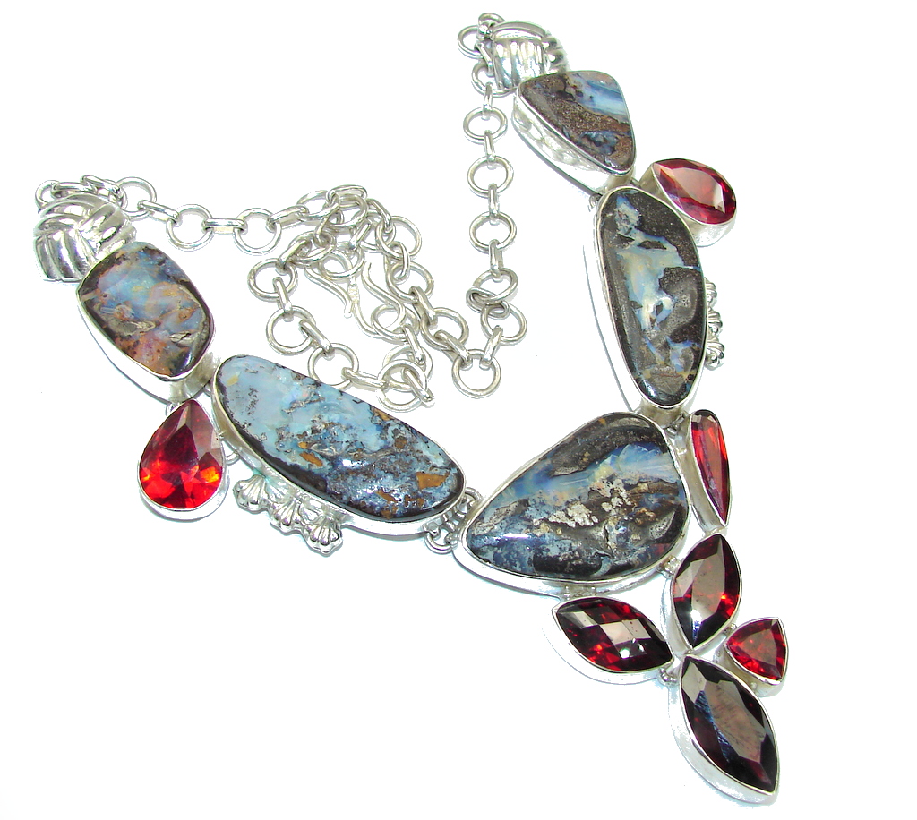 Very Unique Design! Boulder Opal & Garnet Quartz Sterling Silver necklace