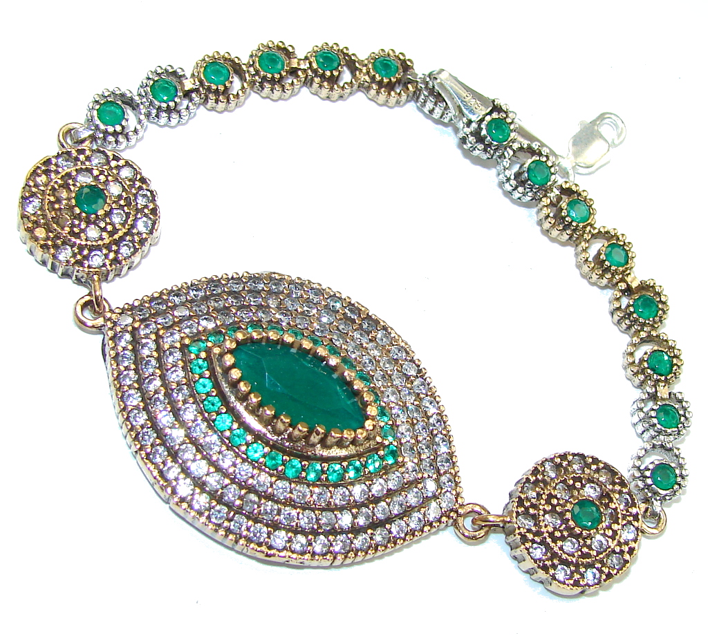 Victorian style! Green Emerald & White Topaz Sterling Silver Bracelet