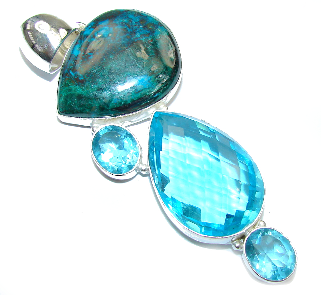 Big! Blue Ocean Secret Chrysocolla & Blue Topaz Sterling Silver Pendant