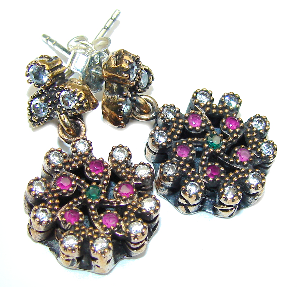 Victorian Style! Red Ruby & White Topaz & Sapphire Sterling Silver earrings