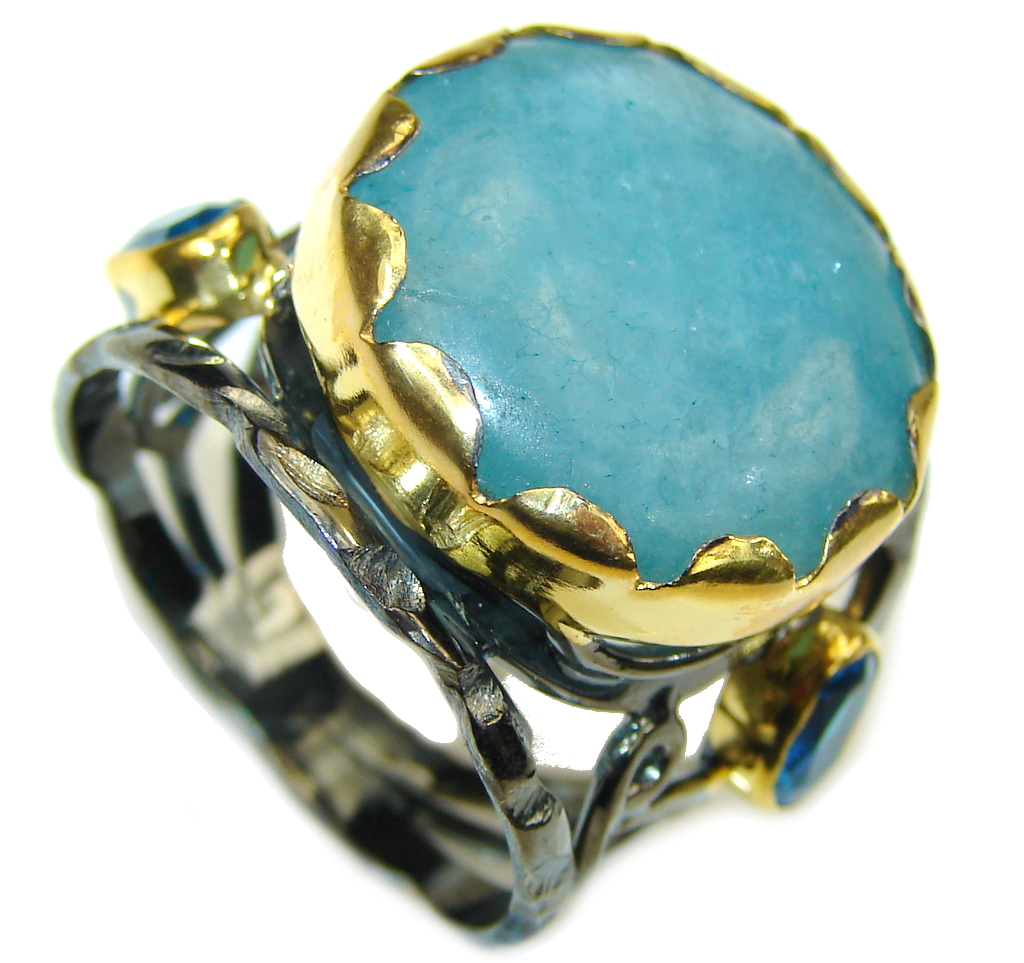 Brightened The Sky! Blue Aquamarine, Rhodium Plated, Gold Plated Sterling Silver ring; 9 1/2