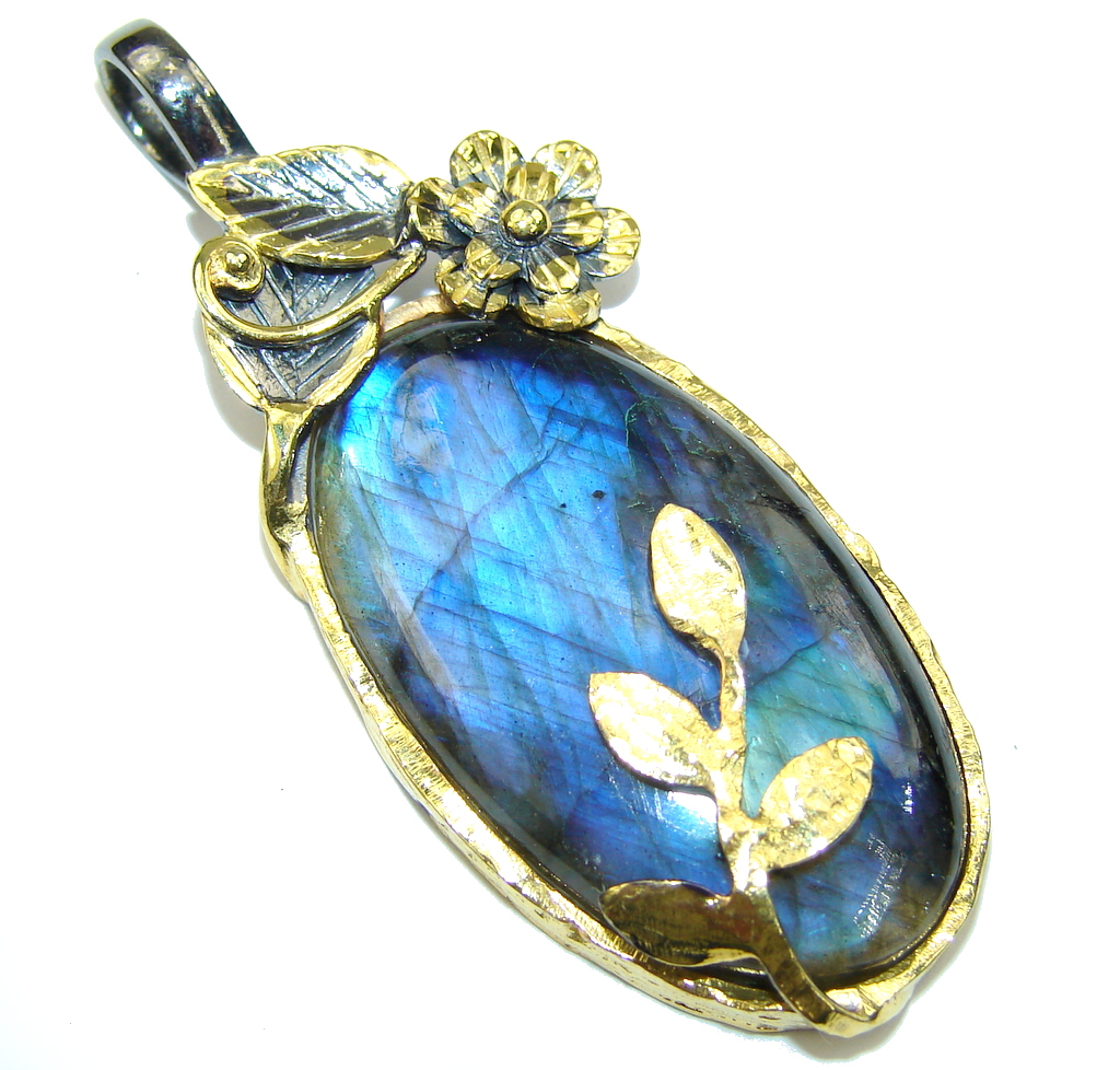 Exclusive AAA Blue Labradorite, Rhodium Plated, Gold Plated Sterling Silver Pendant