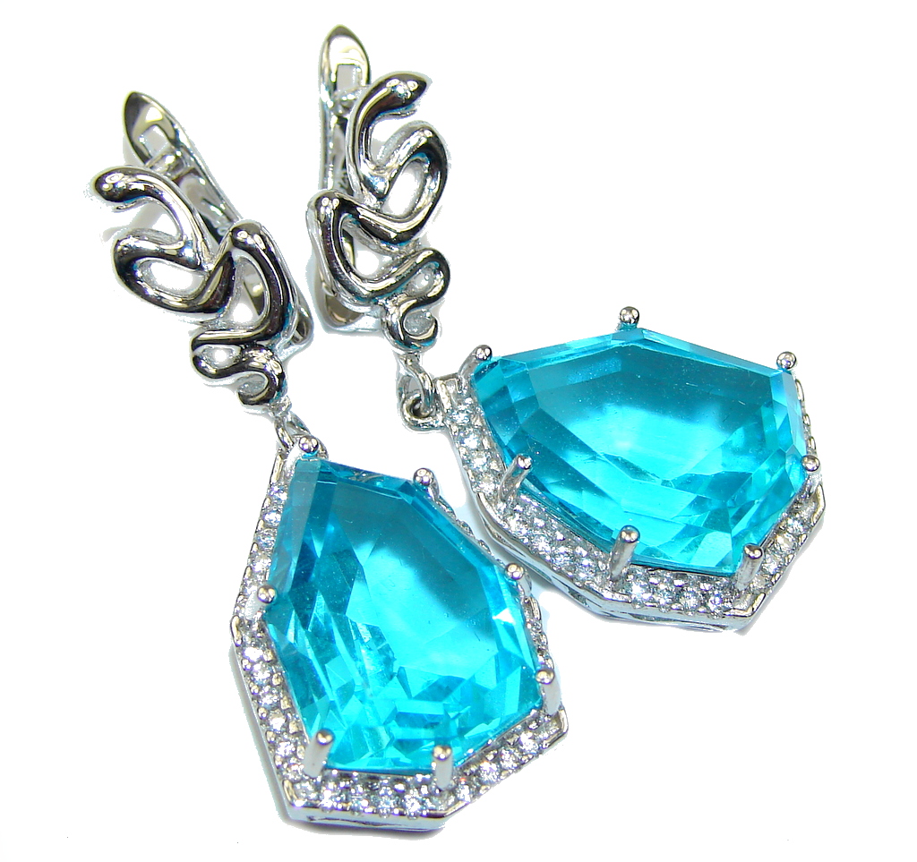 Big! Caribbean Water! AAA Blue Topaz & White Topaz Sterling Silver earrings
