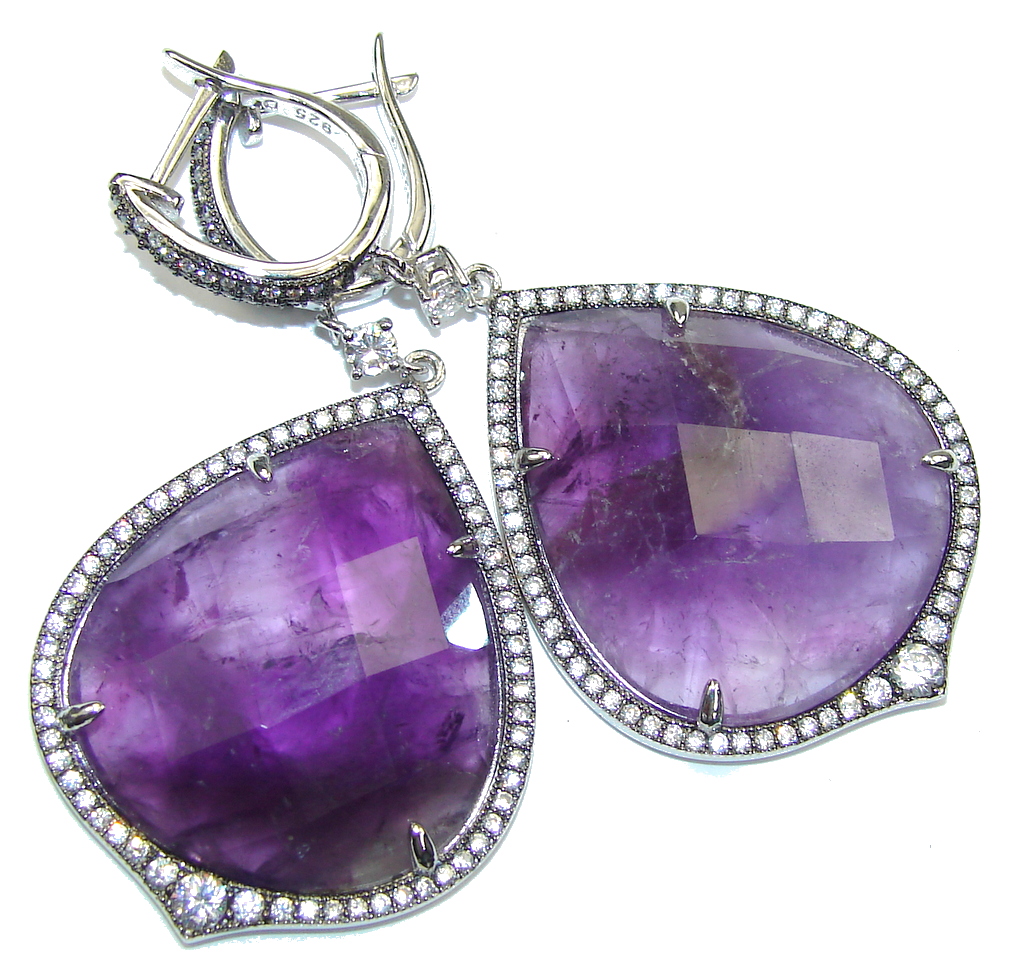 Big! Stunning! 1p.Diamond & Purple Amethyst Sterling Silver earrings