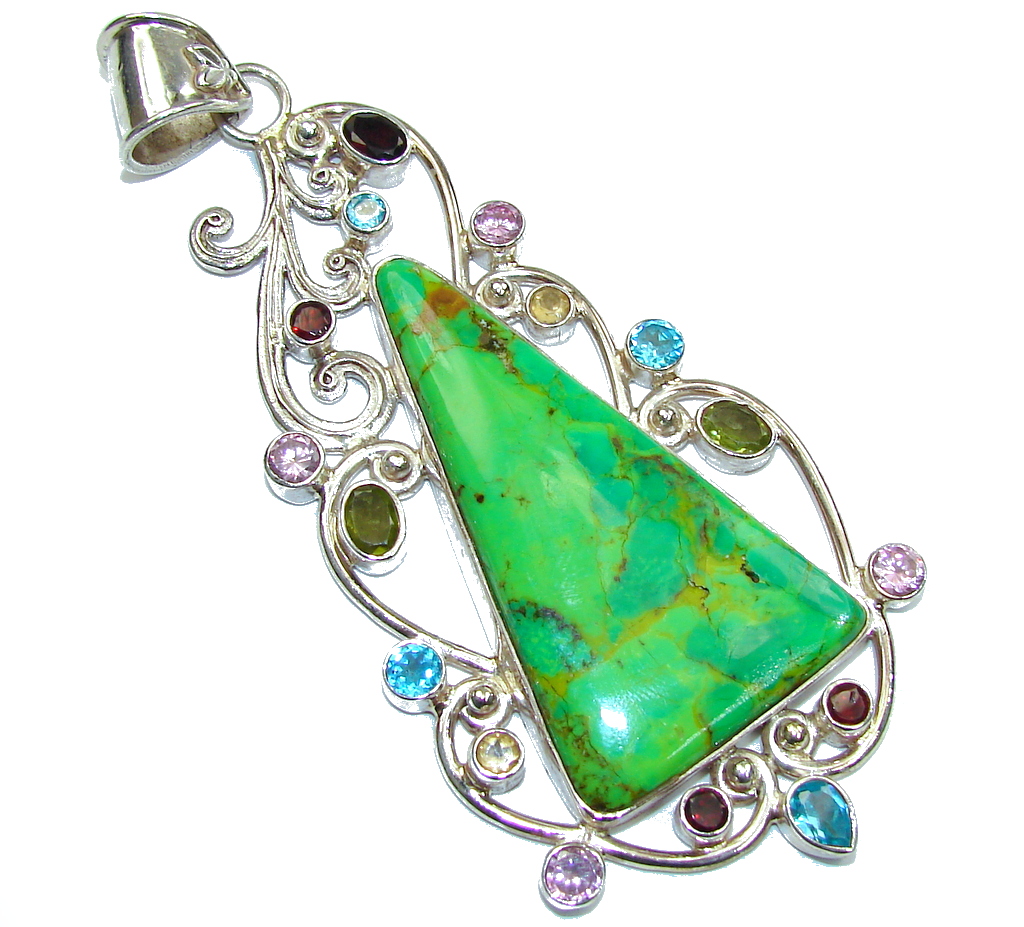 Enormous 4 1/4 inches long Stylish Green Turquoise Sterling Silver Pendant