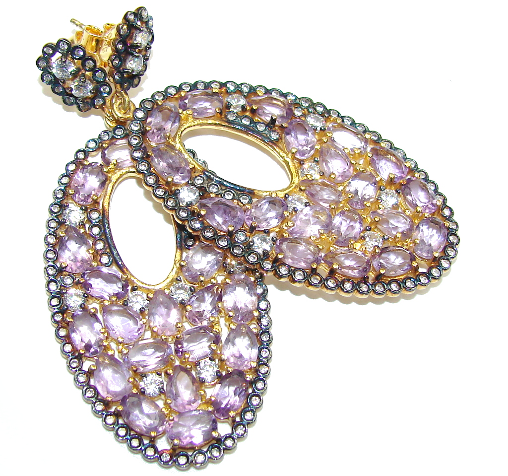 Big! Genuine Pink Amethyst & White Topaz, Gold Plated Sterling Silver earrings