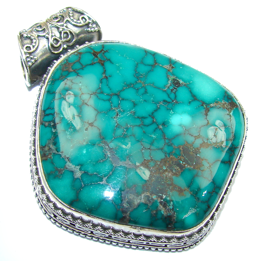Large! Secret Black Spider Web Green Turquoise Sterling Silver Pendant